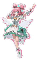  1girl absurdres aqua_hair aqua_streaks aria_(zenless_zone_zero) arm_up blue_eyes blush center_frills chinese_commentary commentary crossed_bangs detached_collar dress fingerless_gloves frilled_sleeves frills full_body gloves glowstick hair_between_eyes highres holding holding_glowstick looking_at_viewer multicolored_hair open_mouth pink_gloves pink_hair quad_tails shoes solo standing standing_on_one_leg star-shaped_pupils star_(symbol) streaked_hair symbol-shaped_pupils v v_over_eye vaineonline white_dress white_shoes white_wings wings zenless_zone_zero 