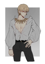  1boy arm_at_side belt belt_buckle black_belt border buckle buttons closed_mouth commentary cropped_legs earrings fate_(series) gilgamesh_(fate) gold_earrings gold_necklace hair_between_eyes hand_on_own_hip highres jewelry long_sleeves looking_at_viewer male_focus necklace outside_border partially_unbuttoned raisakaki01 red_eyes shirt short_hair solo variant_set white_border white_shirt yellow_eyes 