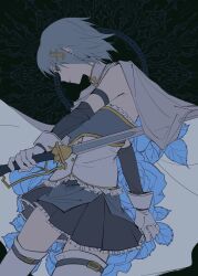  1girl absurdres armpit_crease aynm010330 blue_eyes blue_hair blue_leaf cape commentary_request cowboy_shot detached_sleeves flat_color floating_cape fortissimo frilled_shirt frilled_skirt frills gloves gold_trim green_background hair_ornament highres holding holding_sword holding_weapon leaf looking_down magical_girl mahou_shoujo_madoka_magica mahou_shoujo_madoka_magica_(anime) miki_sayaka miki_sayaka_(magical_girl) muted_color parted_lips profile shirt short_hair skirt solo strapless strapless_shirt sword thigh-highs weapon white_cape white_gloves white_thighhighs zettai_ryouiki 