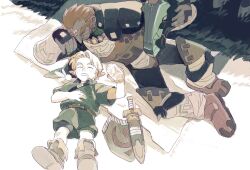  26_zzzzzz 2boys absurdres age_difference arm_wrap armor barding belt black_pants black_shirt blanket boots brown_belt character_name closed_eyes commentary day ear_piercing earrings elbow_rest forehead_jewel full_body ganondorf grass green_shorts green_tunic hand_on_animal hand_on_own_stomach highres holding holding_jar horse jar jewelry knee_up leather_armor leg_wrap light_smile limited_palette link lying male_focus multiple_boys navi necklace on_back on_side open_mouth outdoors pants phrygian_cap piercing shield shirt short_hair shorts shoulder_strap size_difference sleeping spread_legs stud_earrings sword the_legend_of_zelda the_legend_of_zelda:_ocarina_of_time thick_eyebrows tunic twitter_username untranslatable_commentary very_short_hair weapon young_link 