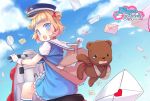  1girl blonde_hair blue_eyes hat jin_young-in letter looking_at_viewer motor_vehicle motorcycle open_mouth original peaked_cap riding short_hair sitting solo stuffed_animal stuffed_toy teddy_bear vehicle 
