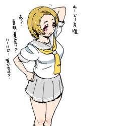  1girl arm_behind_head arm_up black_socks breasts brown_hair collarbone commentary_request feet_out_of_frame forehead from_above grey_sailor_collar grey_skirt hair_ornament hand_on_own_hip kneehighs looking_ahead love_live! love_live!_sunshine!! miniskirt neckerchief open_mouth parted_bangs pleated_skirt red_eyes sailor_collar school_uniform serafuku shinanoya_(satanicad) shirt short_hair short_sleeves simple_background skirt socks solo summer_uniform takami_mito tie_clip uranohoshi_school_uniform white_background white_shirt yellow_neckerchief 