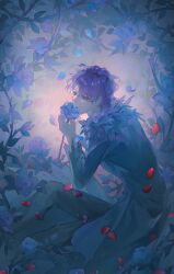  1boy adam's_apple black_pants blue_coat blue_eyes blue_flower blue_petals blue_rose chinese_commentary coat commentary feet_out_of_frame flower from_side fur-trimmed_coat fur_trim garry_(ib) hands_up highres holding holding_flower ib_(kouri) knee_up leaf light_particles long_sleeves looking_to_the_side pants parted_lips petals plant purple_hair red_petals rose rose_petals short_hair sitting solo torn_clothes torn_coat vines wanou wavy_hair 