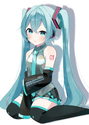  1girl absurdres aqua_eyes aqua_hair aqua_necktie black_skirt black_sleeves detached_sleeves grey_shirt hatsune_miku headphones headset highres light_blush necktie number_tattoo shirt sitting skirt sleeveless sleeveless_shirt tattoo twintails usagifuku vocaloid wariza white_background 