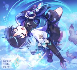  1boy anemo_symbol_(genshin_impact) aqua_hair arched_back armor arms_at_sides bird black_bodysuit black_bridal_gauntlets black_sandals black_shorts blue_gem blue_kimono blue_sky blue_sleeves blunt_ends body_markings bodysuit bridal_gauntlets closed_eyes clouds cloudy_sky covered_collarbone eyeliner facing_up feathers fingernails flying gem genshin_impact glowing_markings gold_ring grey_hair gurumin_(gurruguru) japanese_armor japanese_clothes juban kimono kote kurokote layered_sleeves leg_warmers lower_teeth_only makeup male_focus middle_ring multicolored_hair open_clothes open_kimono open_mouth pom_pom_(clothes) red_eyeliner sandals scaramouche_(genshin_impact) short_sleeves shorts shoulder_peek sky solo stirrup_legwear stratosphere streaked_hair teeth toeless_legwear vision_(genshin_impact) wanderer_(genshin_impact) watermark white_kimono white_leg_warmers white_sleeves wind yellow_feathers zouri 