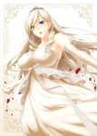  1girl absurdres bare_shoulders blonde_hair breasts bridal_veil celia_kumani_entory dress drill_hair elbow_gloves gloves highres large_breasts looking_at_viewer no.gomensu petals solo tiara veil walkure_romanze wedding_dress white_dress white_gloves 