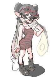  bag black_boots black_hair boots callie_(splatoon) collarbone denkirk dress eyewear_on_head fangs full_body holding holding_bag inkling long_hair mole mole_under_eye open_mouth pointy_ears red-framed_eyewear shopping_bag short_dress sketch splatoon_(series) splatoon_1 standing striped_clothes striped_dress sweatdrop tentacle_hair thick_eyebrows yellow_eyes 
