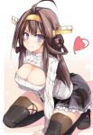  &gt;:) 1girl blush breasts brown_hair cleavage_cutout hair_ornament hairband heart kantai_collection kongou_(kantai_collection) large_breasts long_hair looking_at_viewer open-chest_sweater shizukyuki skirt smile solo squatting sweater thigh-highs violet_eyes 