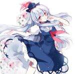  1girl blue_dress blue_hair bow cierra_(ra-bit) dress floral_background flower frills hat kamishirasawa_keine long_hair puffy_sleeves red_eyes short_sleeves simple_background smile solo touhou white_background 