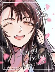  1boy 1girl birthday black_gloves black_hair blush brown_eyes collarbone commentary_request dated falling_petals final_fantasy final_fantasy_viii gloves hand_on_another's_cheek hand_on_another's_face happy_birthday long_hair looking_at_viewer one_eye_closed open_mouth petals pink_nails pink_petals pov pov_hands rinoa_heartilly sayaendou0426 squall_leonhart teeth twitter_username upper_body upper_teeth_only 
