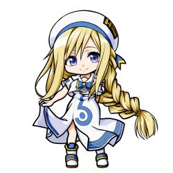  1girl alicia_florence aria_(manga) aria_company_uniform beret blonde_hair blue_bow blue_eyes boots bow braid closed_mouth commentary dress full_body hat highres kuena long_hair looking_at_viewer shirt simple_background skirt_hold smile solo standing very_long_hair white_background white_boots white_dress white_hat white_shirt 