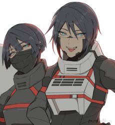  2girls android black_hair covered_mouth fangs looking_at_viewer mask moku96 mouth_mask multiple_girls open_mouth red_pupils short_hair signalis signature simple_background skin_seams star_(signalis) storch_(signalis) tongue tongue_out upper_body white_background 
