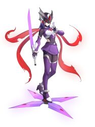  1girl absurdres adapted_costume alternate_costume armored_boots assault_visor belt body_armor bodystocking bodysuit boots breasts chest_jewel commission commissioner_upload covered_navel energy_sword facial_mark fishnet_bodystocking fishnets forehead_jewel full_body gauntlets genderswap genderswap_(mtf) gloves helmet hidden_phantom_(mega_man) high_heel_boots high_heels highres kuji-in long_hair long_scarf mechanical_ears mega_man_(series) mega_man_zero_(series) non-web_source scarf shuriken skirt small_breasts solo sword thigh_boots thighs transparent_background uta_guipiy weapon 