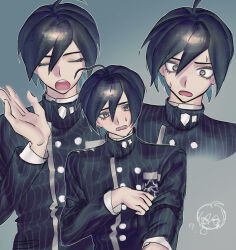  1boy ? ahoge black_hair black_jacket blue_background brown_eyes buttons collared_jacket commentary_request danganronpa_(series) danganronpa_v3:_killing_harmony eyelashes foreshortening hair_between_eyes hand_up highres jacket long_sleeves looking_at_viewer male_focus momano_(cruf7245) multiple_views open_mouth outline pants pinstripe_jacket pinstripe_pants pinstripe_pattern reaching reaching_towards_viewer saihara_shuichi short_hair simple_background striped_clothes striped_jacket surprised sweatdrop upper_body white_outline wide-eyed 