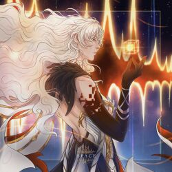  1girl asmoday_(genshin_impact) bare_shoulders black_fur blonde_hair blue_sky blurry body_markings closed_mouth colored_skin commentary cube curly_hair depth_of_field english_commentary english_text floating_hair from_side fur_trim genshin_impact glint glowing hair_between_eyes highres inktober long_hair looking_down luriusasi multicolored_skin orange_eyes pink_lips portal_(object) sky solo star_(sky) star_(symbol) starry_sky suit two-tone_skin upper_body wavy_hair 