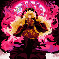  1girl artist_name black_dress blonde_hair closed_mouth commentary dalachi_(headdress) dress energy esculd fingernails full_body highres junko_(touhou) long_fingernails long_hair long_sleeves looking_at_viewer pixel_art red_eyes red_nails red_tabard solo tabard touhou v-shaped_eyebrows wide_sleeves 