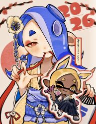  2026 2girls :3 :q blue_hair blush chibi dark-skinned_female dark_skin eyeliner flower folding_fan frye_(splatoon) hair_flower hair_ornament hair_over_one_eye hand_fan highres inkling japanese_clothes kimono makeup mouth_hold multiple_girls new_year octoling one_eye_closed outline paper_fan red_eyes ribbon shiver_(splatoon) short_eyebrows smile splatoon_(series) splatoon_3 tentacle_hair thick_eyebrows tongue tongue_out white_outline yellow_eyes yuyumo296809 