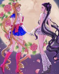 2girls back bishoujo_senshi_sailor_moon black_hair black_shoes blackpink blonde_hair blue_skirt boots closed_mouth commentary_request double_bun eundi_ed eye_contact falling_petals full_body gloves hair_bun holding holding_hands holding_wand jennie_(blackpink) korean_commentary leg_warmers looking_at_another moon multiple_girls night petals pink_petals red_boots sailor_moon sailor_senshi_uniform shoes skirt sparkle twintails wand 