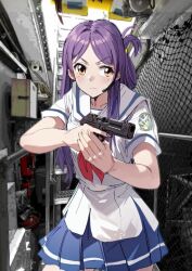  1girl blue_skirt commentary_request cowboy_shot folded_hair gun high_school_fleet highres ladder marikouji_kaede neckerchief orange_eyes photo_background pleated_skirt purple_hair red_neckerchief sailor_collar sailor_shirt school_uniform serafuku shirt skirt solo tamura_ten weapon weapon_request white_sailor_collar white_shirt 