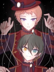  2boys aqua_eyes black_background black_hair closed_mouth collar commentary_request earrings ensemble_stars! feather_earrings feathers frilled_collar frills hair_between_eyes hands_up hat heterochromia highres in4 itsuki_shu jewelry kagehira_mika male_focus multiple_boys pink_hair red_hat short_bangs short_hair smile string stud_earrings valkyrie_(ensemble_stars!) violet_eyes yellow_eyes 