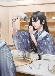  1girl after_bathing basket black_eyes black_hair black_nails commentary_request hair_between_eyes hair_dryer hands_up highres indoors long_hair original ryokan shisei_121 sink unworn_earring unworn_eyewear very_long_hair 