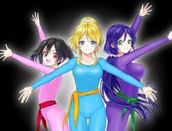  3girls arms_up artist_request ayase_eli black_hair blonde_hair blue_eyes bodysuit cat&#039;s_eye cosplay green_eyes jpeg_artifacts long_hair love_live! love_live!_school_idol_project multiple_girls parody ponytail purple_hair red_eyes toujou_nozomi twintails unitard yazawa_nico 