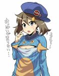  1girl alternate_costume backwards_hat blue_eyes blush brown_hair cabbie_hat cleavage_cutout hair_ornament hairclip haruka_(pokemon) hat highres marshtomp open-chest_sweater open_mouth pokemon pokemon_(game) pokemon_oras pokemon_rse ribbed_sweater solo sweater tom_(drpow) translated turtleneck two_side_up white_background 