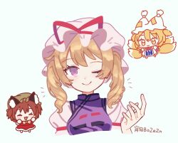  3girls alternate_hairstyle animal_ears blonde_hair blue_tabard brown_hair cat_ears cat_girl chen chibi closed_eyes closed_mouth commentary dress fox_girl fox_tail hand_up hat looking_at_viewer mob_cap multiple_girls one_eye_closed open_mouth purple_tabard red_shirt red_skirt shirt short_twintails skirt smile tabard tail touhou twintails twitter_username upper_body violet_eyes white_dress yakumo_ran yakumo_yukari yellow_eyes yoi_(bo2ezn) 