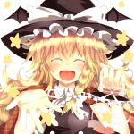  1girl acoco blonde_hair blush bow braid capelet hat hat_bow kirisame_marisa lamp long_hair lowres open_mouth side_braid smile star touhou witch_hat 