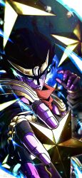  1other absurdres armor black_gloves black_hair colored_skin commentary english_commentary fingerless_gloves gloves green_eyes highres jojo_no_kimyou_na_bouken long_hair noonvincent other_focus pauldrons purple_skin red_scarf scarf shoulder_armor solo stand_(jojo) star_(symbol) star_platinum stardust_crusaders 