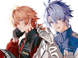  2boys absurdres antenna_hair arm_tattoo black_gloves blonde_hair blue_eyes chinese_commentary commentary_request facial_tattoo gloves gradient_hair highres honkai:_star_rail honkai_(series) jumpsuit male_focus medium_hair multicolored_hair multiple_boys mydei_(honkai:_star_rail) neck_tattoo parted_bangs phainon_(honkai:_star_rail) ponytail racing_suit red_hair red_tattoo short_hair tattoo white_gloves white_hair xinjinjumin623876245871 yellow_eyes 