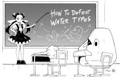 1girl :o chair chalkboard classroom commentary desk drawing_(object) dress english_commentary english_text full_body geodude greyscale hand_on_own_hip long_hair monochrome mudkip nosepass on_chair pokemon pokemon_(creature) pokemon_oras roxanne_(pokemon) school_desk shoes short_sleeves sitting twintails wanderjegson 