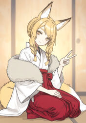  1girl animal_ear_fluff animal_ears blonde_hair braid closed_mouth commentary_request door fox_ears fox_girl fox_tail hakama hakama_pants highres indoors japanese_clothes kimono long_hair long_sleeves looking_at_viewer nito_(nshtntr) on_floor original pants red_hakama scarf sitting smile tail twin_braids v white_kimono yellow_eyes 