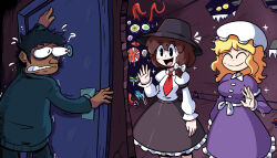  1boy 2girls ? black_hair black_hat black_skirt blonde_hair blush_stickers bow breasts brown_hair bulging_eyes buttons closed_eyes collared_dress commission contrast_collar door dress english_commentary frilled_dress frilled_skirt frills hair_bow hat highres kevin_arthur long_hair long_sleeves maribel_hearn medium_hair mob_cap multiple_girls necktie notice_lines pixiv_commission purple_dress red_necktie sash shirt_tucked_in skirt sleeve_garter standing toon_(style) touhou usami_renko waving white_bow white_hat white_sash 