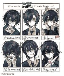  ... 1girl 5boys alternate_design bandaid bandaid_on_finger bandaid_on_hand black_hair black_hoodie black_jacket black_nails black_necktie blood blush closed_mouth collared_shirt commentary crossdressing crossdressing_(mtf) crossed_bandaids degrees_of_lewdity double-parted_bangs empty_eyes english_text expressionless freesia_quan frown green_eyes hair_between_eyes hair_over_one_eye hands_on_own_cheeks hands_on_own_face head_tilt heart holding holding_knife hood hoodie jacket knife kylar_(degrees_of_lewdity) kylar_(female)_(degrees_of_lewdity) kylar_(male)_(degrees_of_lewdity) lapels long_hair long_sleeves looking_at_viewer loose_hair_strand maid maid_headdress messy_hair mole mole_under_eye mole_under_mouth multiple_boys multiple_drawing_challenge necktie nosebleed notched_lapels one_eye_covered pale_skin portrait red_pupils school_uniform shaded_face shirt short_hair six_fanarts_challenge sleeves_past_wrists smile sparkle straight_hair sweatdrop twitter_username untranslatable_commentary wavy_hair white_shirt wing_collar 
