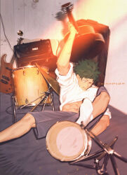  1boy abs absurdres acoustic_guitar amplifier boku_no_hero_academia closed_mouth commentary_request drum drum_set electric_guitar fallen_down freckles green_eyes green_hair grey_shorts guitar highres instrument male_focus midoriya_izuku navel one_eye_closed shirt short_hair shorts solo twitter_username wengwengchim white_shirt 