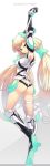  1girl angela_balzac armpits arms_up ass blonde_hair blue_eyes bodysuit breasts copyright_name expelled_from_paradise full_body headgear highres leotard long_hair looking_at_viewer low_twintails magma_chipmunk smile solo standing_on_one_leg thigh_strap twintails very_long_hair 