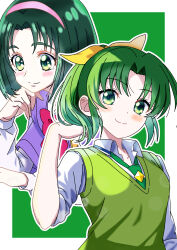  2girls absurdres akimoto_komachi closed_mouth color_connection commentary dress_shirt green_background green_eyes green_necktie green_sweater_vest green_theme hair_color_connection hair_ribbon hairband hand_in_own_hair highres in-franchise_crossover l'ecole_des_cinq_lumieres_school_uniform layered_sleeves long_sleeves looking_at_viewer looking_to_the_side loose_necktie medium_hair midorikawa_nao multiple_girls nanairogaoka_middle_school_uniform necktie outline pink_hairband ponytail precure ribbon school_uniform shirt short_hair short_over_long_sleeves short_sleeves sleeves_rolled_up smile smile_precure! spill_(naru) sweater_vest white_outline white_shirt yellow_ribbon yes!_precure_5 