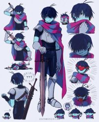  ...? 1other ? alternate_hairstyle antenna_hair arm_up armor armored_boots arrow_(symbol) belt black_bodysuit black_gloves blue_hair blue_skin blush bodysuit boots breastplate brown_belt cape closed_mouth colored_skin covered_eyes covering_own_face cowboy_shot deltarune empty_eyes fingerless_gloves from_behind full_body gauntlets gloves grey_armor hair_over_eyes hair_over_one_eye half-closed_eye hand_up hands_up heart highres holding holding_own_hair holding_sword holding_weapon kris_(dark_world)_(deltarune) kris_(deltarune) looking_at_viewer looking_to_the_side lying motion_lines multiple_views negio_(negi91_rb) on_side open_mouth other_focus pauldrons pink_cape red_eyes shaded_face short_hair short_sleeves shoulder_armor simple_background smile soul_(deltarune) speech_bubble standing sweat sword teeth thought_bubble upper_body utdr_(toby_fox) v-shaped_eyebrows weapon white_background 