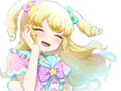  1girl :d ^_^ blonde_hair blue_bow bow bowtie center_frills chitozen_(pri_zen) closed_eyes collared_shirt facing_viewer floating_hair frills hair_bow hand_on_own_cheek hand_on_own_face idol_clothes idol_time_pripara long_hair open_mouth pink_bow pink_shirt pretty_series pripara purple_bow purple_bowtie ringlets shirt short_sleeves signature smile solo star_(symbol) two_side_up upper_body yumekawa_yui 