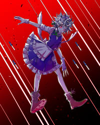  1girl apron back_bow between_fingers blood_on_shoes blue_skirt blue_vest boots bow braid brown_boots collared_shirt commentary frilled_skirt frills gloves green_bow grey_hair hair_bow highres holding holding_knife izayoi_sakuya knife knives_between_fingers lace-up_boots long_hair maid maid_headdress red_eyes shirt skirt solo touhou twin_braids vest waist_apron white_apron white_bow white_gloves white_shirt yuya_(euky8335) 