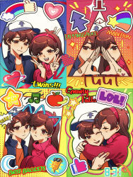  1boy 1girl apple arrow_(symbol) bandaid bandaid_on_hand baseball_cap beamed_eighth_notes bill_cipher brown_eyes brown_hair dipper_pines drawn_ears er-ytz food fruit gravity_falls hairband hat heart highres kiss kissing_cheek mabel_pines musical_note one_eye_closed pink_hairband pink_sweater red_shirt shirt shooting_star_(symbol) siblings star_(symbol) sticker sweater triangle_hands_duo twins v vest 