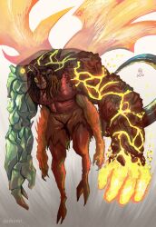  0homi 1boy absurdres barefoot ben_10 black_hair black_skin body_fur claws clenched_teeth colored_skin commentary crystal_hand embers extra_arms extra_eyes flaming_hand full_body glowing glowing_hand highres horizontal_pupils insect_wings kevin_11_(ben_10) kevin_levin looking_at_viewer lure male_focus medium_hair mismatched_eyes monster multicolored_skin muscular muscular_male mutation nostrils orange_fur red_skin rock_arms sharp_teeth shorts solo striped_tail tail teeth topless_male torn_clothes torn_shorts wings yellow_eyes 