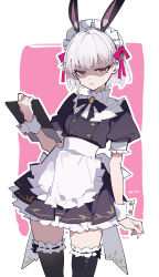  1girl absurdres animal_ears apron black_dress black_thighhighs breasts brooch buttons choker clipboard commentary dated_commentary double-breasted dress enmaided fake_animal_ears fate/grand_order fate/grand_order_arcade fate_(series) frilled_choker frills hair_ribbon highres jewelry kama_(fate) kama_(mistake)_(second_ascension)_(fate) kama_(young)_(fate) looking_at_viewer maid maid_headdress puffy_short_sleeves puffy_sleeves rabbit_ears ragnal red_eyes ribbon shaded_face short_hair short_sleeves small_breasts solo thigh-highs thighs waist_apron white_apron white_hair wrist_cuffs 