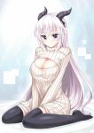  1girl 3: black_legwear blush breasts cleavage cleavage_cutout demon_horns hair_ribbon highres horns large_breasts long_hair looking_at_viewer miyuki_rei open-chest_sweater original pointy_ears ribbed_sweater ribbon silver_hair simple_background solo sweater thigh-highs turtleneck violet_eyes zettai_ryouiki 