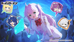  2025 5girls ahoge aqua_eyes aqua_ribbon blonde_hair blue_eyes blue_hair blue_hairband bow bowtie cardigan chibi closed_eyes closed_mouth commentary_request copyright_logo copyright_name copyright_notice grey_hair hair_ornament hair_ribbon hairband hairclip ichijo_shirona jacket kuchiba_rami logo long_hair mizuharisakuya momozono_meru multiple_girls muv-luv muv-luv_girls_garden narutaki_nanairo official_art open_clothes open_jacket open_mouth pink_cardigan pink_hair purple_hair red_bow red_bowtie ribbon school_uniform skirt spoken_character tsukigase_chiyuru twintails two_side_up white_jacket white_skirt yellow_eyes 
