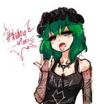  1girl \m/ alternate_costume black_rose bridal_gauntlets bust english flower flower_wreath green_hair hashtag head_tilt pog red_eyes rose short_hair simple_background soga_no_tojiko solo tank_top teeth tongue tongue_out touhou white_background 