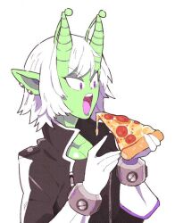  1girl alien antennae azure_xtal_(rkzero10) black_jacket borrowed_character commission eating eyeshadow food gloves green_horns hands_up holding holding_food holding_pizza horns inkerton-kun jacket makeup open_mouth original pizza pizza_slice pointy_ears second-party_source short_hair skin-covered_horns solo striped_horns teeth upper_body upper_teeth_only violet_eyes white_gloves white_hair 