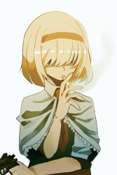  1girl ai_(indigo) alice_margatroid between_fingers blonde_hair blue_eyes capelet cigarette collared_capelet cookie_(touhou) gun hair_over_eyes hairband hand_up handgun holding holding_cigarette holding_gun holding_weapon jigen_(cookie) long_bangs short_hair short_sleeves simple_background smoke smoking solo touhou upper_body weapon white_background white_capelet wing_collar 
