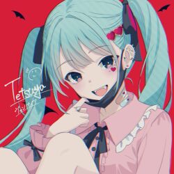  1girl bandaid bandaid_on_neck black_mask black_ribbon blue_eyes blue_hair center_frills ear_piercing facial_mark frilled_shirt frills hair_ornament hair_ribbon hatsune_miku heart heart_facial_mark heart_hair_ornament highres jirai_kei long_hair mask_pull neck_ribbon piercing pink_shirt red_background ribbon shirt signature solo tsukuyomi_tetsuya twintails vampire_(vocaloid) vocaloid 